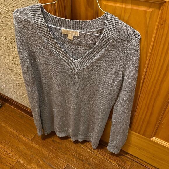 Michael Kors Sweaters - Michael Kors metallic silver v neck sweater size small